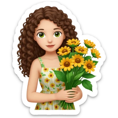 light skinned brunette long curly haired girl with green/hazel eyes holding big bright bunch of flowers. White background. sticker