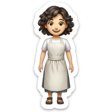Slavic girl with dark hair in a white T-shirt and apron smiles with a rag in her hands and her hands on her sides sticker