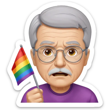 make old old man like 80 with gray hair and fur has HUGE EYE brows and glasses and is always mad and gay holding the rainbow flag sticker