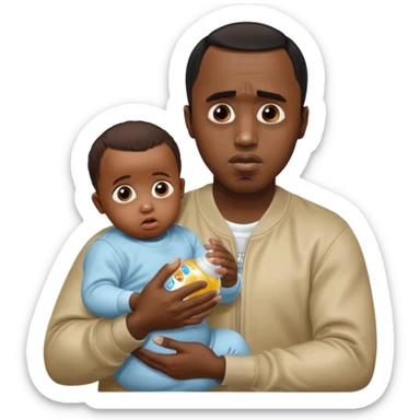 Sean “Diddy” Combs with baby oil and a very small infant and he’s pouring the baby oil on the baby and they have a scared face they’re really scared sticker