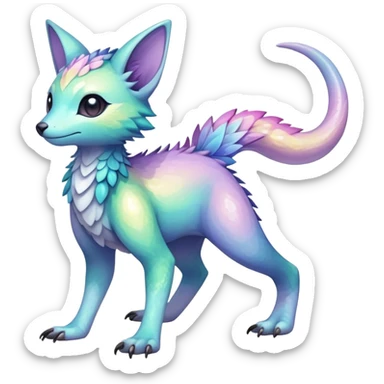 Rare realistic exotic pastel iridescent cute epic pretty beautiful handsome gorgeous aesthetic colorful vibrant Vernid-Trico-species-Fakemon-creature by LiLaiRa, 4 legs, 1 tail, random markings, (full body) sticker