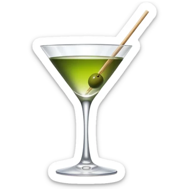 martini glass with absolutely clear water-like liquid, no color tint whatsoever, completely transparent, with a single green olive at the bottom on a wooden toothpick sticker