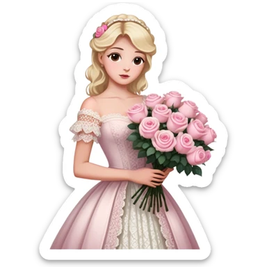 Blonde model with brown eyes wearing a white lacey rococo gown clutching a giant bouquet of cream and pink roses sticker