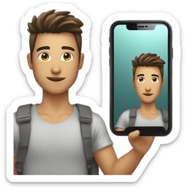 A young man taking mirror photo with i phone sticker