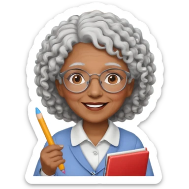 old woman teacher, brown skin, curly grey white hai, wearing glasses, hold chalk on hand sticker