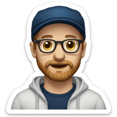 a white dude with blue eyes a brown beard and sideburns and thin frame glasses wearing a black newsboy hat a navy blue pull over hoodie and dark blue t shirt sticker