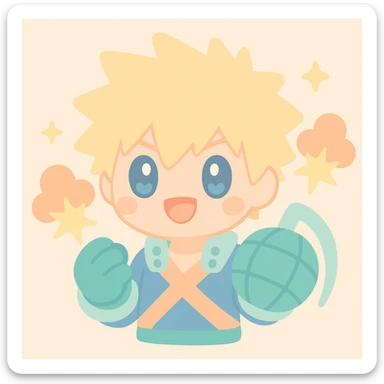 Katsuki Bakugo with explosive effects, spiky blond hair, anime style, My Hero Academia theme sticker
