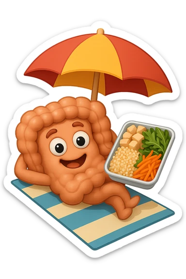 EMOJI STILE IPHONE DI INTESTINO IN SPIAGGIA SU UNA SPIAGGINA SOTTO L'OMBRELLONE CON IN MANO UNA SCHISCETTA DI Insalata di quinoa e pollo con rucola e carote, iperrealistica 4k sticker
