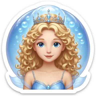 Elegant fairy with golden-blonde curls, a delicate silver crown, and sparkling blue eyes. She wears a shimmering light blue gown with a layered, ethereal design. Surrounded by a glowing, translucent bubble, radiating warmth and magic, with a bright, confident smile. sticker