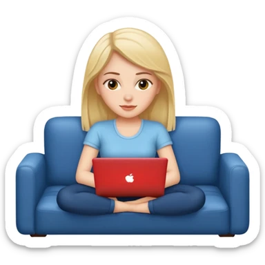 A white girl is lying on a sofa with a laptop sticker