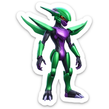 a shiny black-green-purple Genesect-Flygon-Raptor-Fakémon-Medabot-hybrid with a futuristic visor-helmet full body sticker