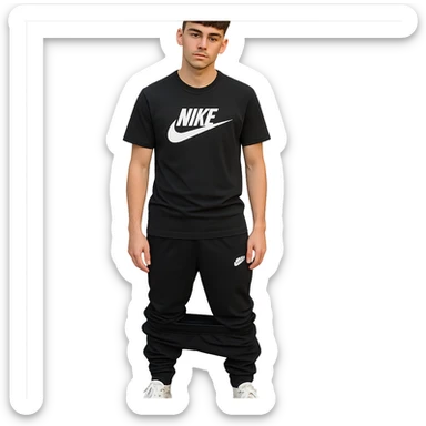 chico de pelo moreno, corte taper fade, flequillo a las cejas, camiseta Nike negra, pantalones Nike negros bajados, zapatillas Dior blancas sticker