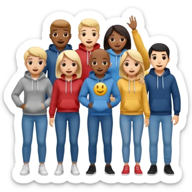 winners’ podium with multi-racial people, no numbers, fun casual clothes like jeans and hoodies, very excited, fun, expressive emoji style sticker
