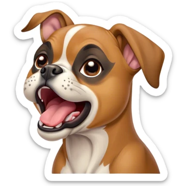 Cinematic Cute Yawning Fawn Boxer Dog Portrait Emoji, Head tilted slightly with a dramatic, wide-open yawn, showcasing a short fawn coat with a crisp white muzzle and chest, floppy ears slightly drooping, round brown eyes barely open in drowsy contentment, Simplified yet irresistibly adorable features, highly detailed, glowing with a soft, cozy glow, high shine, relaxed yet expressive, stylized with a touch of whimsy, bright and endearing, soft glowing outline, capturing the essence of a sleepy yet affectionate guardian, so drowsy it feels like it could stretch right out of the screen and curl up for a nap! sticker