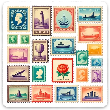 Icon for Stamp Collecting: a collection of vintage and colorful stamps arranged in an album or on a desk, with a large stamp block in the center showcasing different themes. The icon should reflect the charm and history of philately. Transparent background. sticker