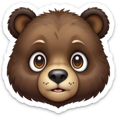 Cinematic Comical bear cub Portrait Emoji, Head tilted dramatically with an exaggeratedly amused expression, featuring a striking, glossy dark brown fur with bold fur texture, wide, expressive eyes filled with playful disbelief, Simplified yet hilariously expressive features, highly detailed, glowing with a slightly sassy glow, high shine, dramatic yet playful, stylized with an air of cheeky wilderness mischief, bright and endearing, soft glowing outline, capturing the essence of a spirited and over-the-top bear cub, so meme-worthy it feels like it could roar its way into internet fame instantly! sticker