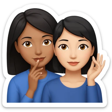 Middle aged brown woman with black hair, beside a middle aged asian woman with dark brown hair touching their cheek sticker