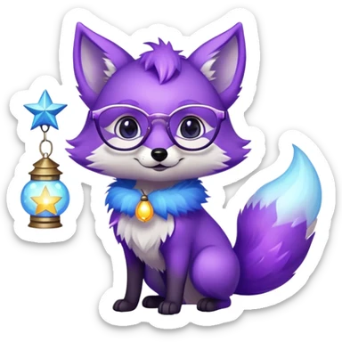 Laughing with tears of joy 😂 — a small magical fox with shimmering purple and blue fur, a glowing fluffy tail, a silver star on its forehead, round glasses, and a tiny lantern. sticker