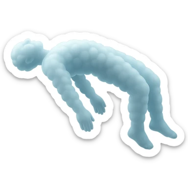 side view of a person unconscious, flying upwards by the torso, legs and arms downwards, made of small very bright white fluffy convex clouds, matte glass style sticker