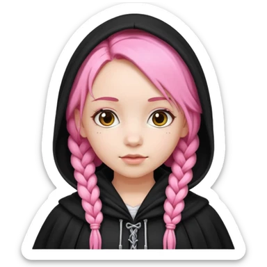 pink braids hair kid girl, white skin, wear black cloak sticker