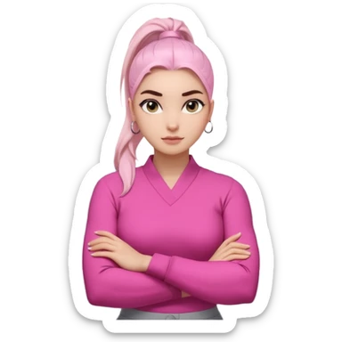 Character: Go-getter, confident, intelligent, composed
Emoji Look:

Light gray eyes, very noticeable

Well-shaped eyebrows, strong appearance

Upper ponytail

Street fashion look
Fair skin with a pink undertone

Arms crossed pose
Feeling: Girl Boss, cool beauty, minimal but powerful sticker