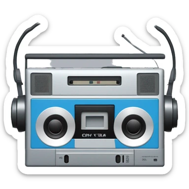 Create an emoji of a vintage Sony Walkman with a rectangular cassette player, visible tape, and wired headphones, in retro 1980s colors like grey, blue, and silver sticker