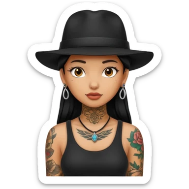 girl have tattoo on her full neck and full body with black hat sticker