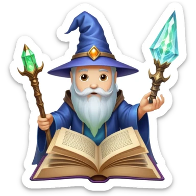 Icon for Fantasy and Sci-Fi Literature: a magical book with glowing pages, surrounded by a dragon, a spaceship, and a wizard with a staff. The icon should capture the adventurous and imaginative world of fantasy and science fiction. Transparent background. sticker