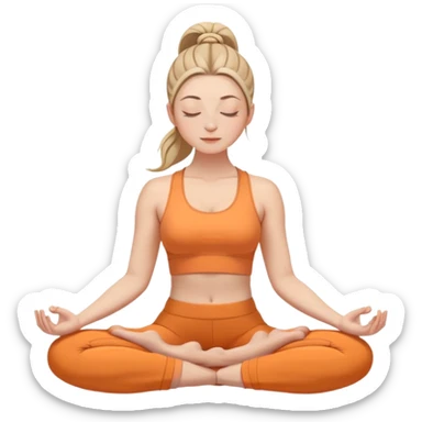 white woman with neat ponytail hairstyle, sitting in lotus position, meditating with closed eyes and serene expression, wearing light orange yoga outfit sticker