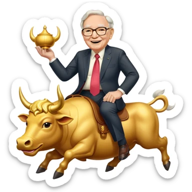 happy Warren Buffet riding golden bull sticker
