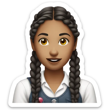 This image is a young woman. She has long, dark hair styled in two braids, one over each shoulder. A white lollipop stick is hanging out of the right side of her mouth, with the candy part out of view. She is wearing a white shirt sticker