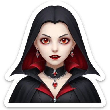 vampire village woman portrait, head and shoulders only, dark gothic cloak collar, sharp fangs, red glowing eyes, elegant yet eerie expression, subtle jewelry, 3D cartoon, mobile game icon style, clean background, no text, no watermark

 sticker