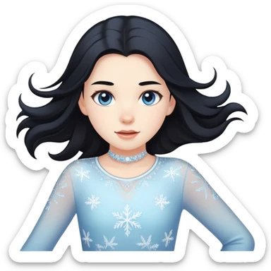 pale girl with long black hair ice skating, iOS emoji style sticker