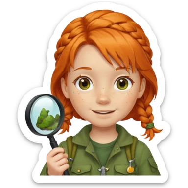 braid orange haired girl kid in moss green explorer outfit, holding magnifying glass, smile sticker