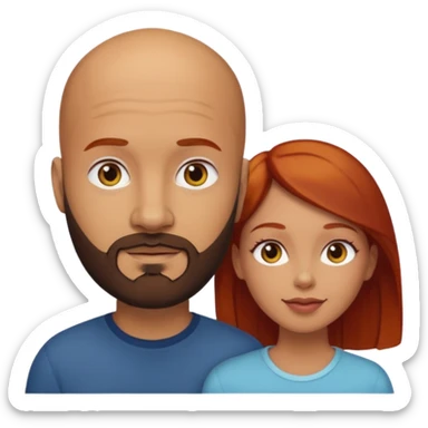 Couple. A bald man with dark brown beard and a girl with light skin. She is a redhead and has dark yellow brown auburn hair. Different skincolor. She has very light skin. sticker