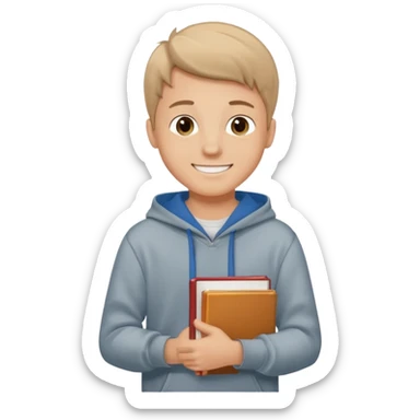 white teenage boy student, wearing a hoodie and jeans, smiling, holding books sticker
