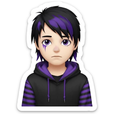 emo teen boy with long one-side messy black hair, dark hoodie with white and purple striped sleeves, piercings on his nose, dark eyeshadow sticker