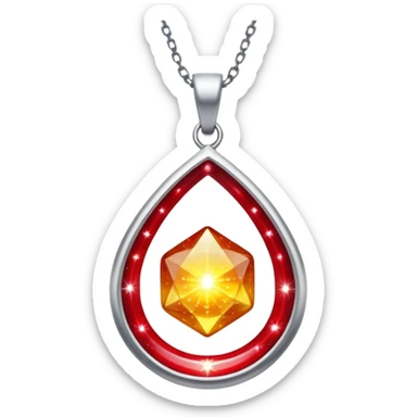 cosmic talisman: red-yellow glowing pendant, liquid silver chain, stardust particles sticker