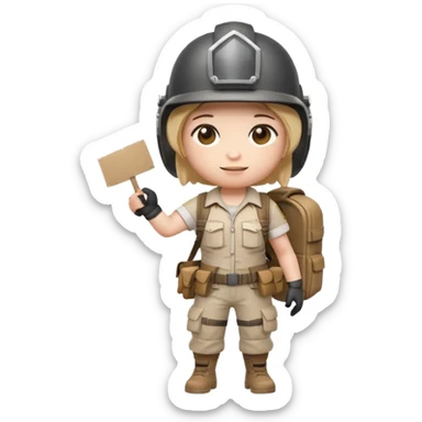 Create a cute emoji-style PUBG Mobile character, chibi version with helmet and backpack, standing in victory pose, holding a blank white sign or paper sheet in both hands in front of chest, ready for text, clean white background, simple emoji design” sticker