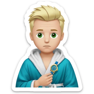 A white man with green eyes, medium-length blond hair in a low mohawk, wearing a blue Cartier watch on his wrist and a luxurious black and white bathrobe, appearing to be about 14 years old, with messy hair and a white pacifier in his mouth. sticker