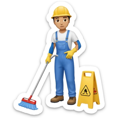 Custodian with yellow rubber gloves, white T-shirt, blue overalls, mopping floor sticker