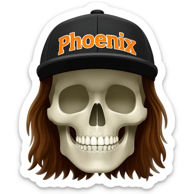 Create a skeleton head wearing a black baseball cap that says " Phoenix " in orange, and white lettering, with long brown hair sticker