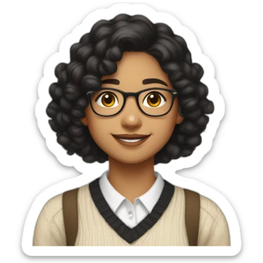 smiling indian teenage girl with black curly hair and glasses wearing a collared long sleeve white shirt under a beige v shaped collar sweatervest with no buttons sticker