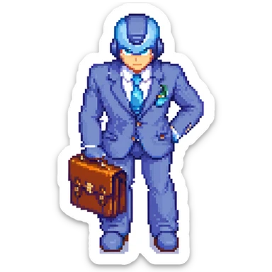 8-bit pixel art icon of a recruiter, Mega Man style, waist-up only, no computer, wearing a suit and tie, holding a briefcase, confident pose sticker