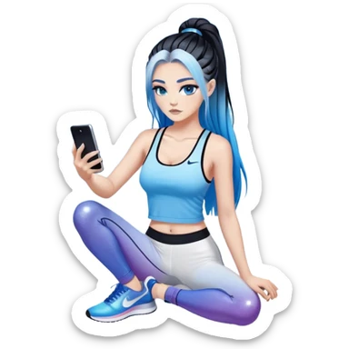 Shameful-Female-very very very large chest-texting on a samsung cell phone-very long straight braided black to sky blue hair ombre-blue eyes-black eyeliner-long eyelashes-iridescent low cut tank top with glitte logo-white leggings-nike high top sneakers sticker
