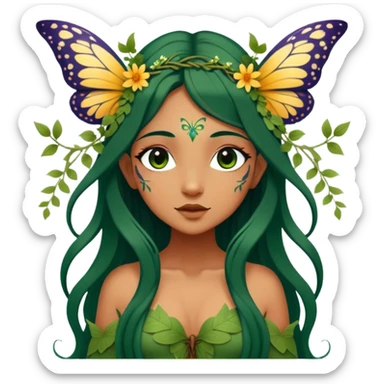 Cinematic Realistic Forest Fairy Portrait, depicted with lifelike, sun-kissed tanned skin that radiates an earthy glow, softly illuminated by natural, dappled light. Her long, flowing dark green hair is intricately detailed and interwoven with delicate vines and wildflowers, while her deep, soulful eyes mirror the wisdom of the forest. Dressed in an attire inspired by nature’s palette—with subtle botanical motifs—the portrait exudes a soft, enchanted glow that melds realism with woodland magic showing her large butterfly wings from her back. sticker