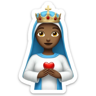 holy mary with a crown, with blue veil, with white clothes, with white skin, holding a red heart in her hands sticker
