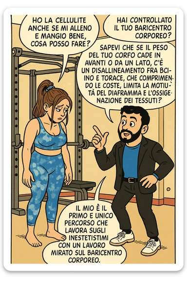 TRASFORMA QUESTO CAROSELLO IN UN FUMETTO STILE FUMETTO TOPOLINO CON QUESTE DUE PERSONE IDENTICHE CHE INTERLOQUISCONO TRA LORO:

LEI: Ho la cellulite anche se mi alleno e mangio bene, cosa posso fare?

LUI: Hai controllato il tuo baricentro corporeo?
LUI: Sapevi che se il peso del tuo corpo cade in avanti o da un lato, c’è un disallineamento fra bacino e torace, che comprimendo le coste, limita la motilità del diaframma e l’ossigenazione dei tessuti?
LUI: Il mio è il primo e unico percorso che lavora sugli inestetismi con un lavoro mirato sul baricentro corporeo. sticker