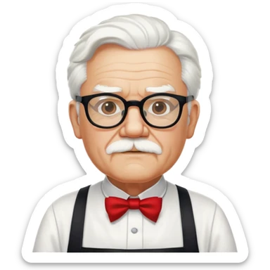 Colonel Sanders KFC, old man with white hair and white goatee, wearing black square glasses, white T-shirt and red apron sticker