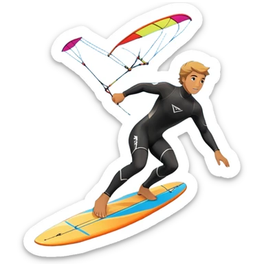 An athlete in a wetsuit riding a kiteboard, soaring over the sea waves with the kite high in the sky. The background features a vibrant blue sky and crashing ocean waves, capturing the thrill and freedom of kitesurfing in dynamic motion. sticker